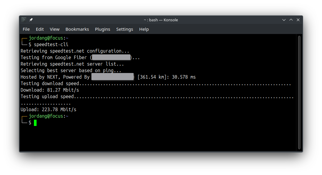 A Konsole terminal window showing the speedtest-cli command being used with test results printed out.