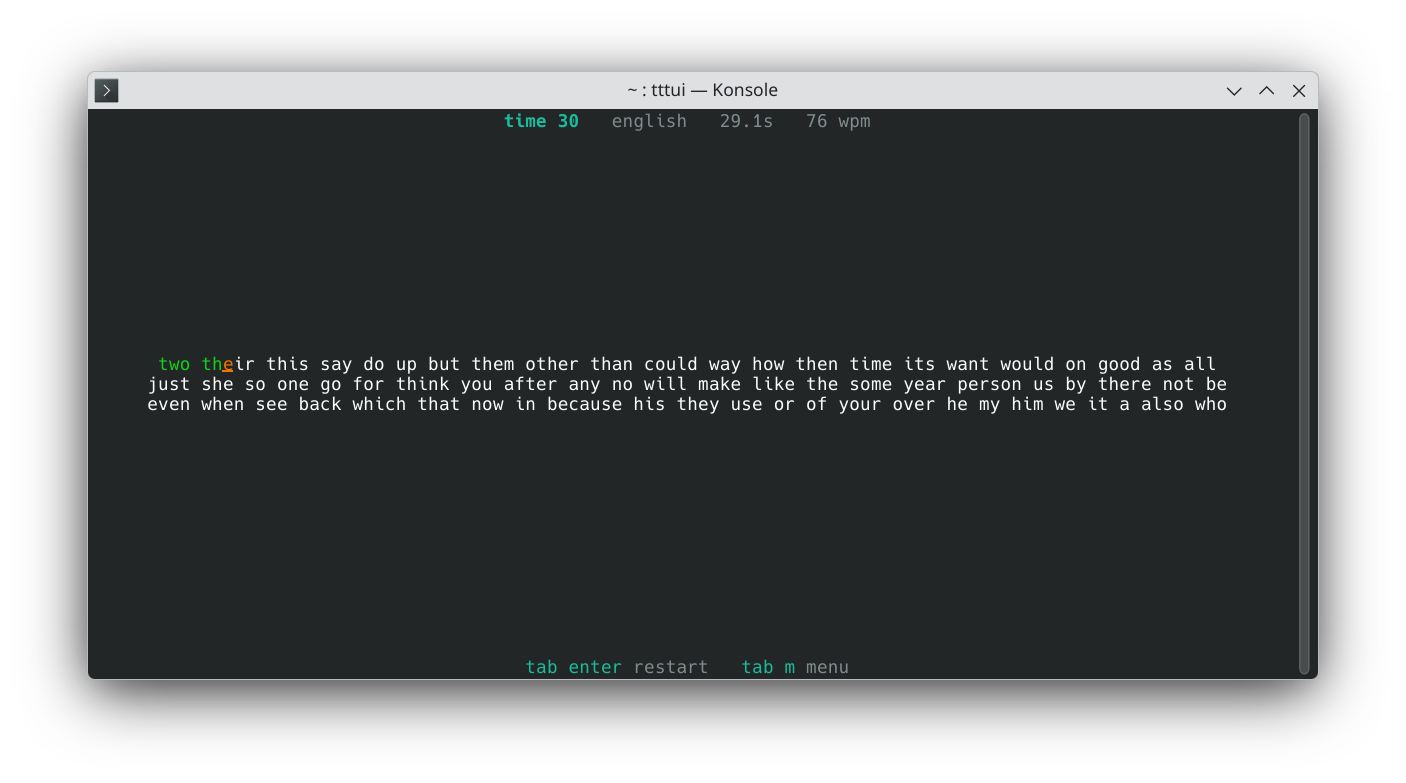 The tttui program being used to do a timed typing session.