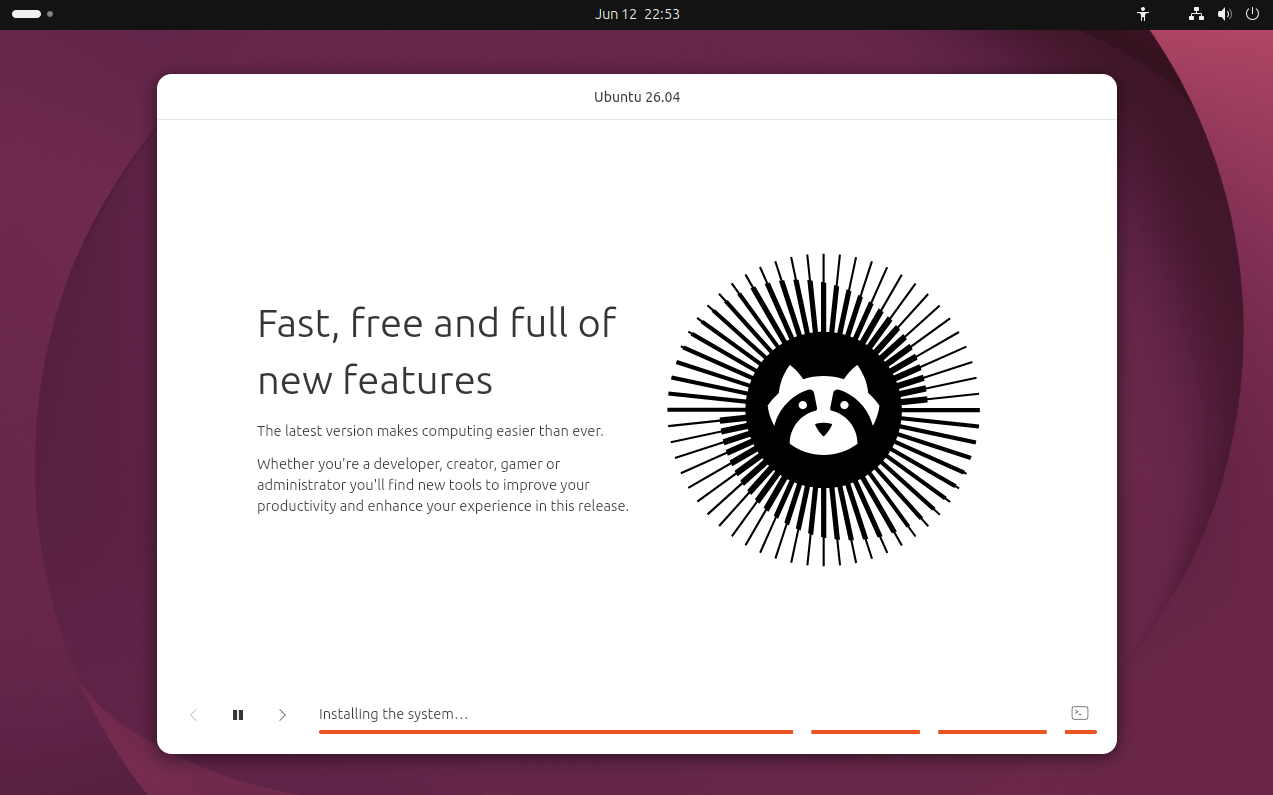 Ubuntu 26.04 LTS "Resolute Raccon" installation wizard open on a GNOME desktop.