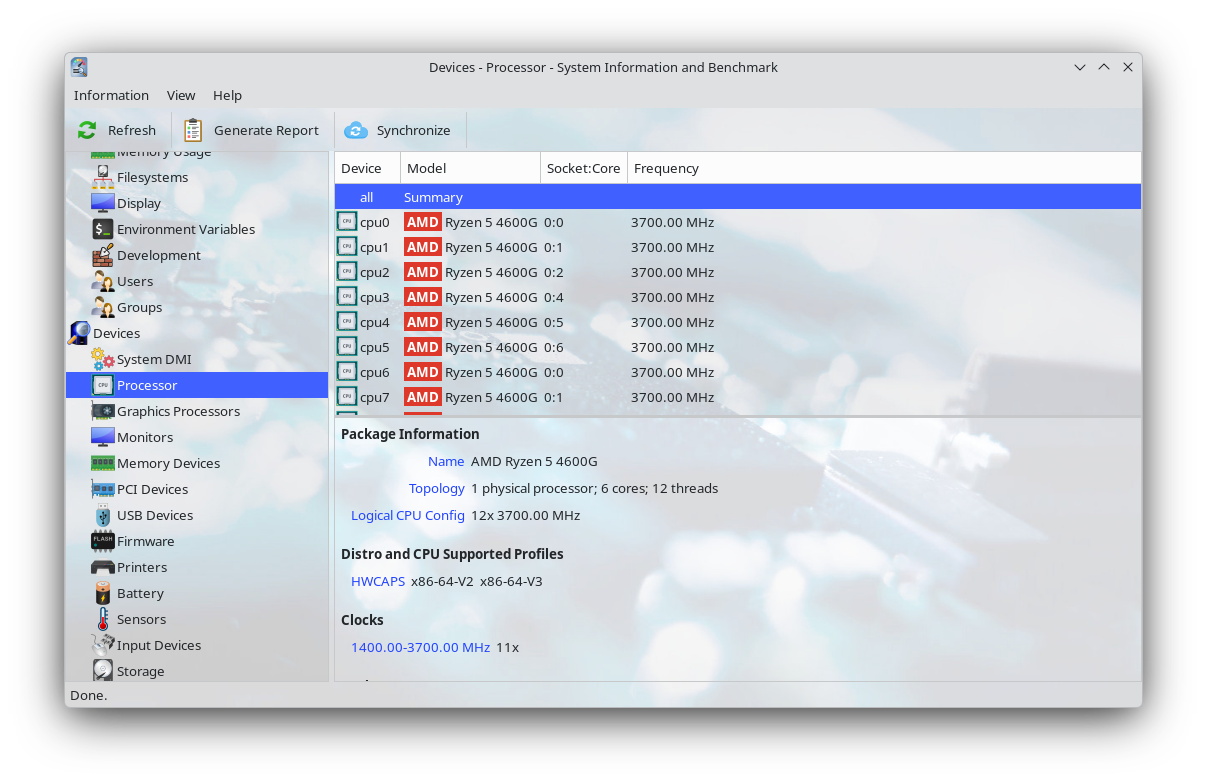 The Hardinfo2 app showing processor information.