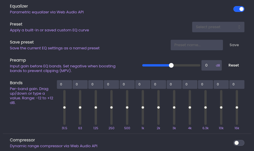 The equalizer and compressor options in Feishin 1.14.