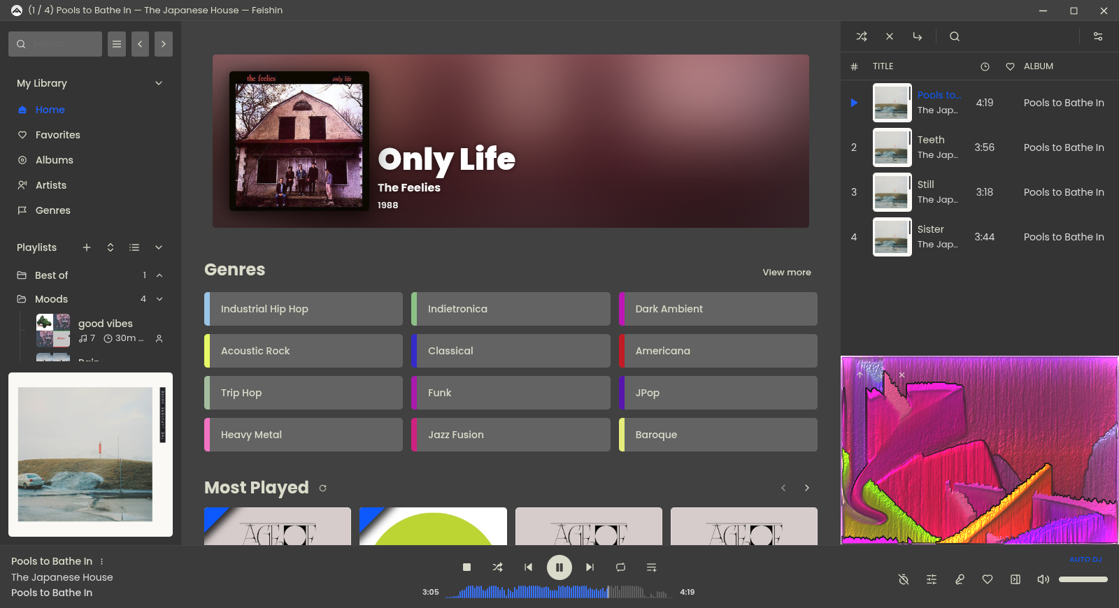 The Feishin app with the Zenburn theme active.