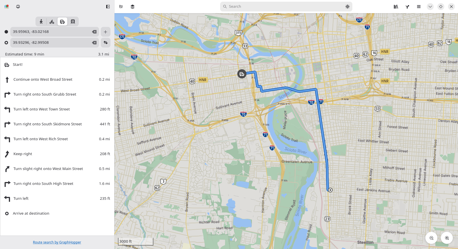 The GNOME Maps app showing a route created across Columbus, OH.