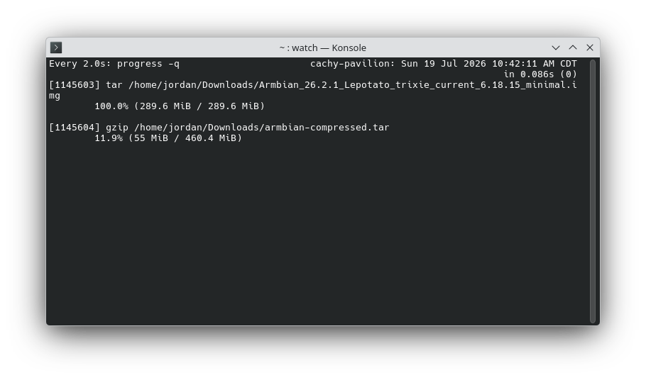 The progress command in a Konsole terminal being used to monitor the process of the tar command extracting an image file from an archive.