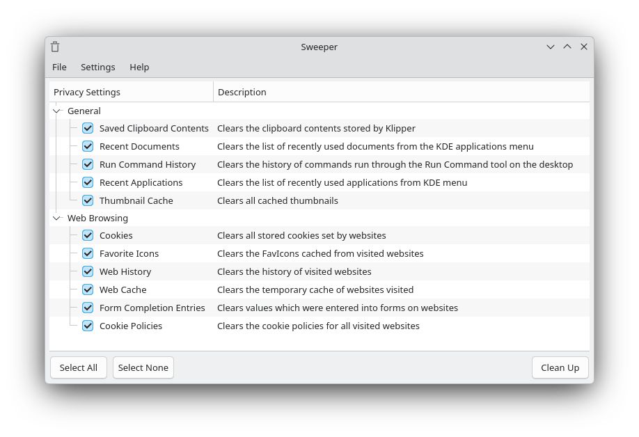 The Sweeper interface showing several file cleanup options.
