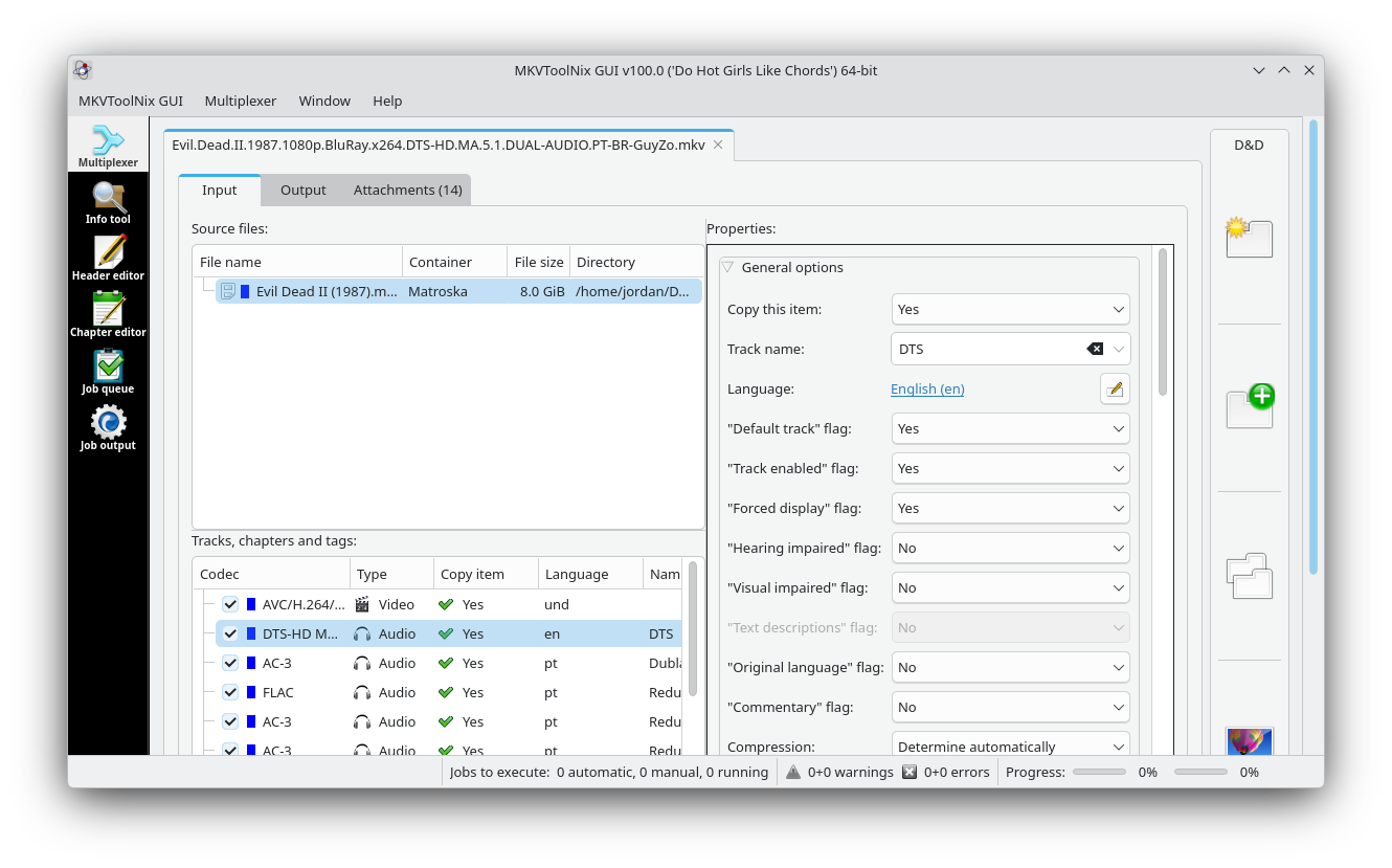 The MKVToolNIX GUI app being used to modify a movie file.