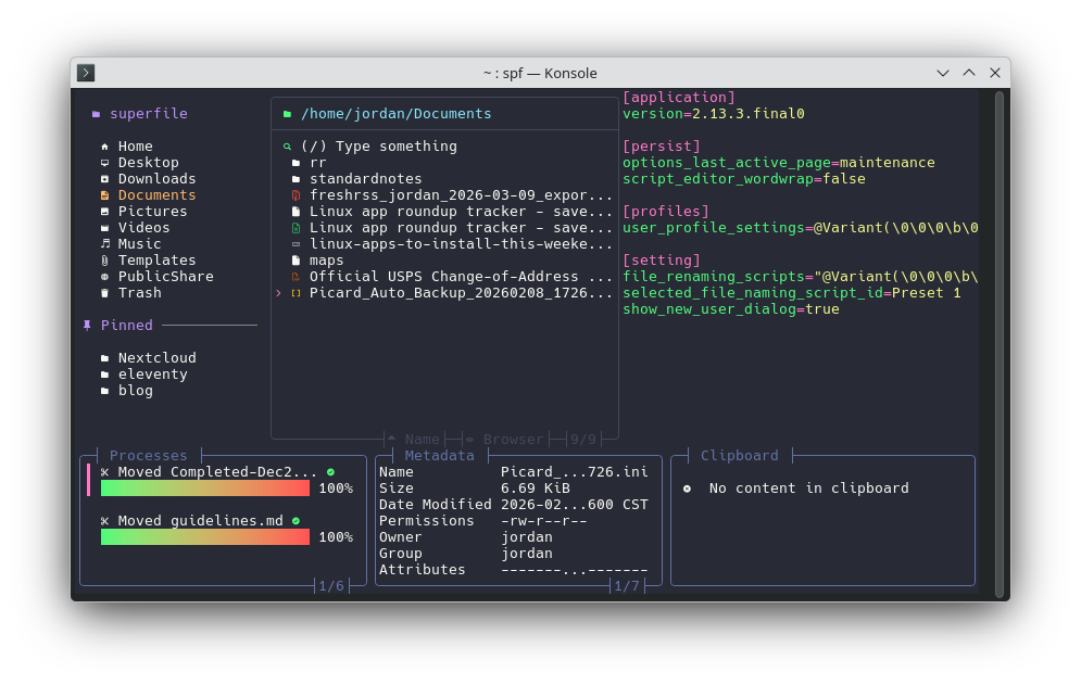 The Superfile terminal program showing a Documents folder open and a Picard backup settings file preview.