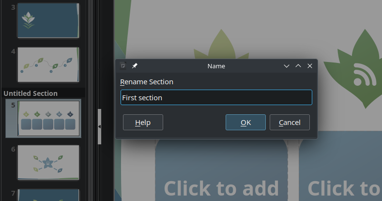 A slide Section being renamed in LibreOffice Impress.