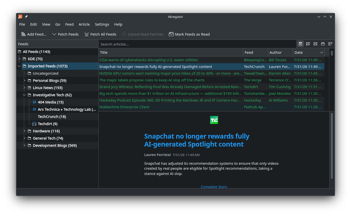 Akregator being used to read RSS feed content.