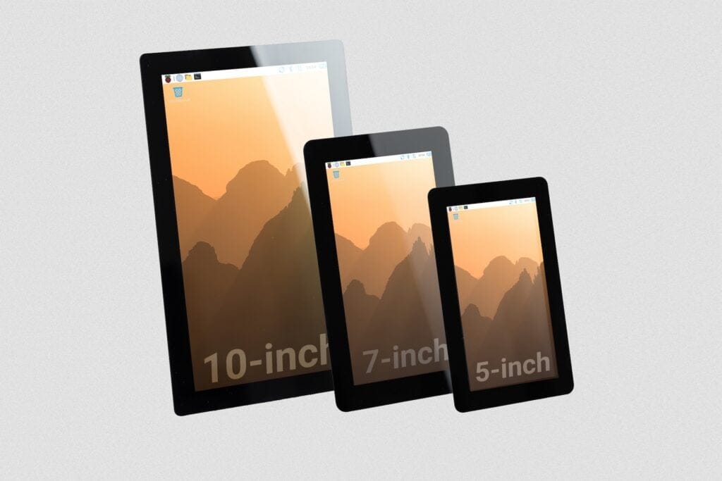 Side-by-side comparison of the 10-inch, 7-inch, and 5-inch Touch Display 2 devices from Raspberry Pi.