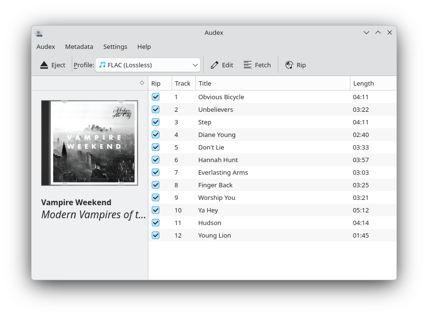 The Audex app showing an album prepared for ripping, with the FLAC profile selected.