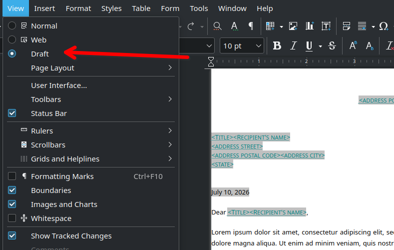 The LibreOffice "View" menu open with a red arrow pointing to a "Draft" option.