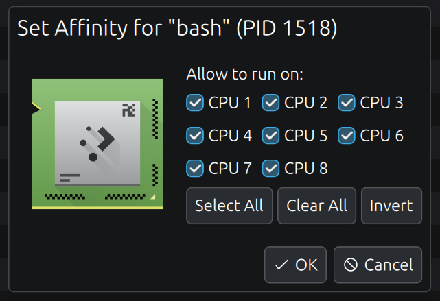 A Plasma System Monitor interface for setting the affinity for the "bash" process. Checkboxes for each CPU core are present, and there are buttons to select all, clear all, and invert the selection above "OK" and "Cancel" buttons. 