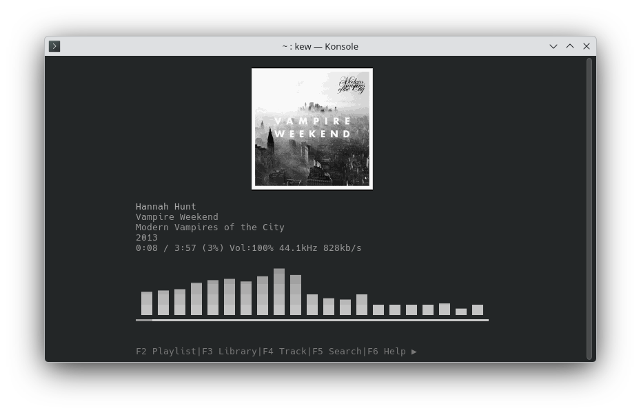 The kew program being run in a Konsole terminal emulator, with music being played and album art being shown.