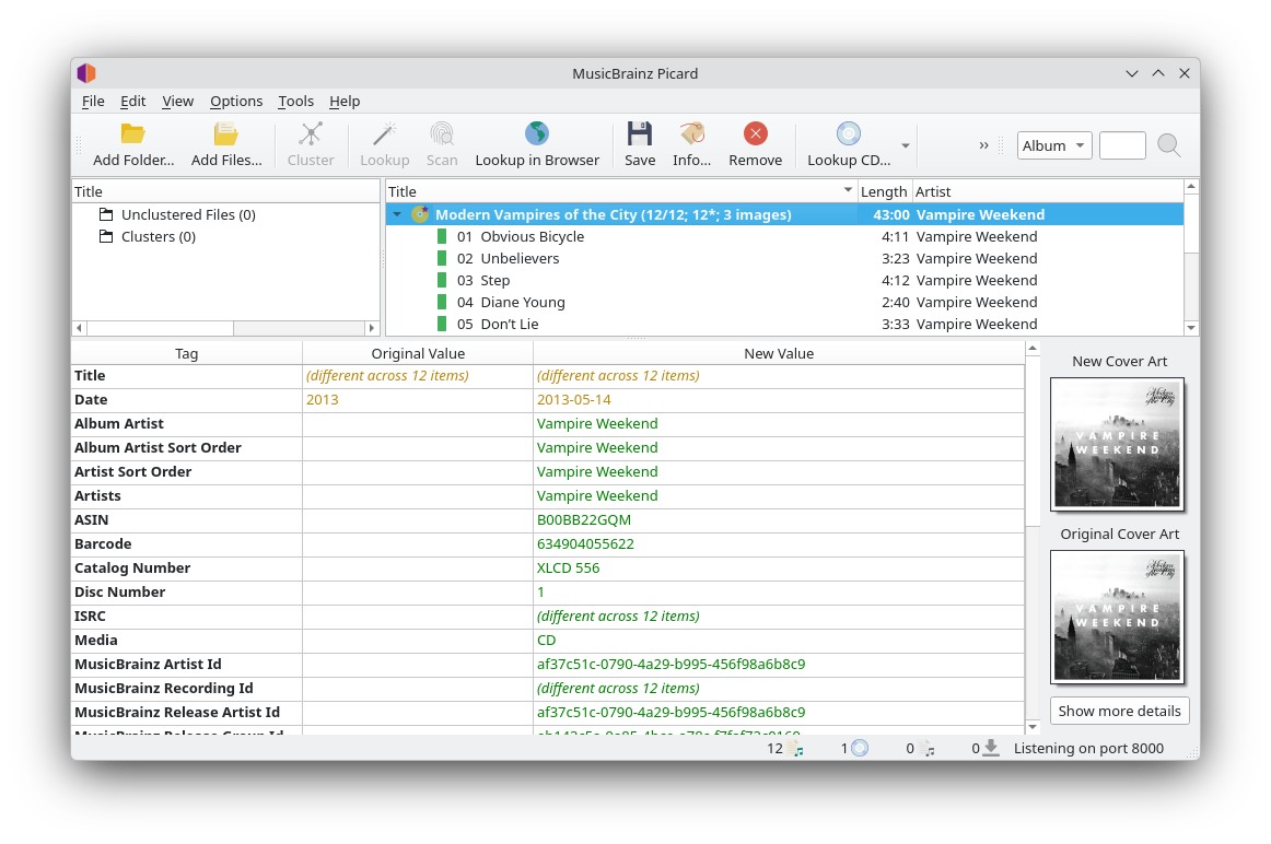 The MusicBrainz Picard app being used to modify the metadata of an album.
