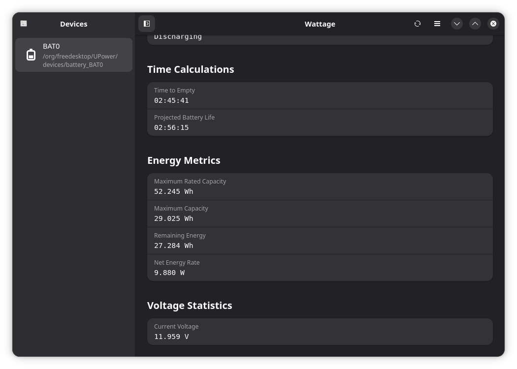 The Wattage app showing time calculations and energy metrics.