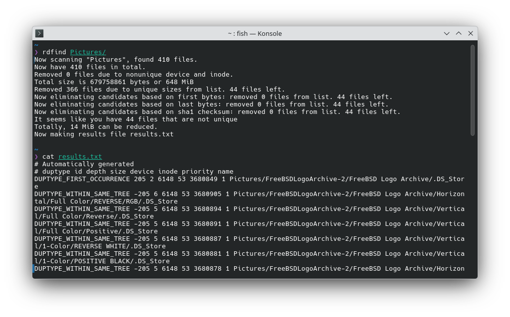 A Konsole terminal window showing the rdfind command being used to identify duplciates in a "Pictures" directory and the cat command being used to read the results.txt file.