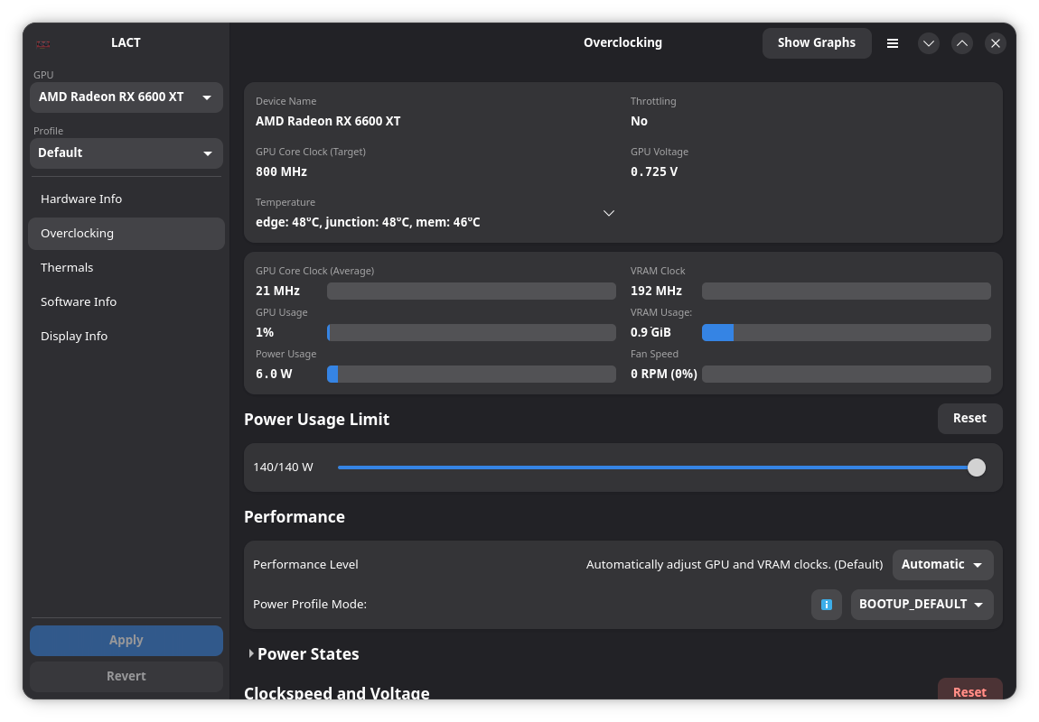 The LACT app showing overclocking options for an AMD Radeon RX 6600 XT.