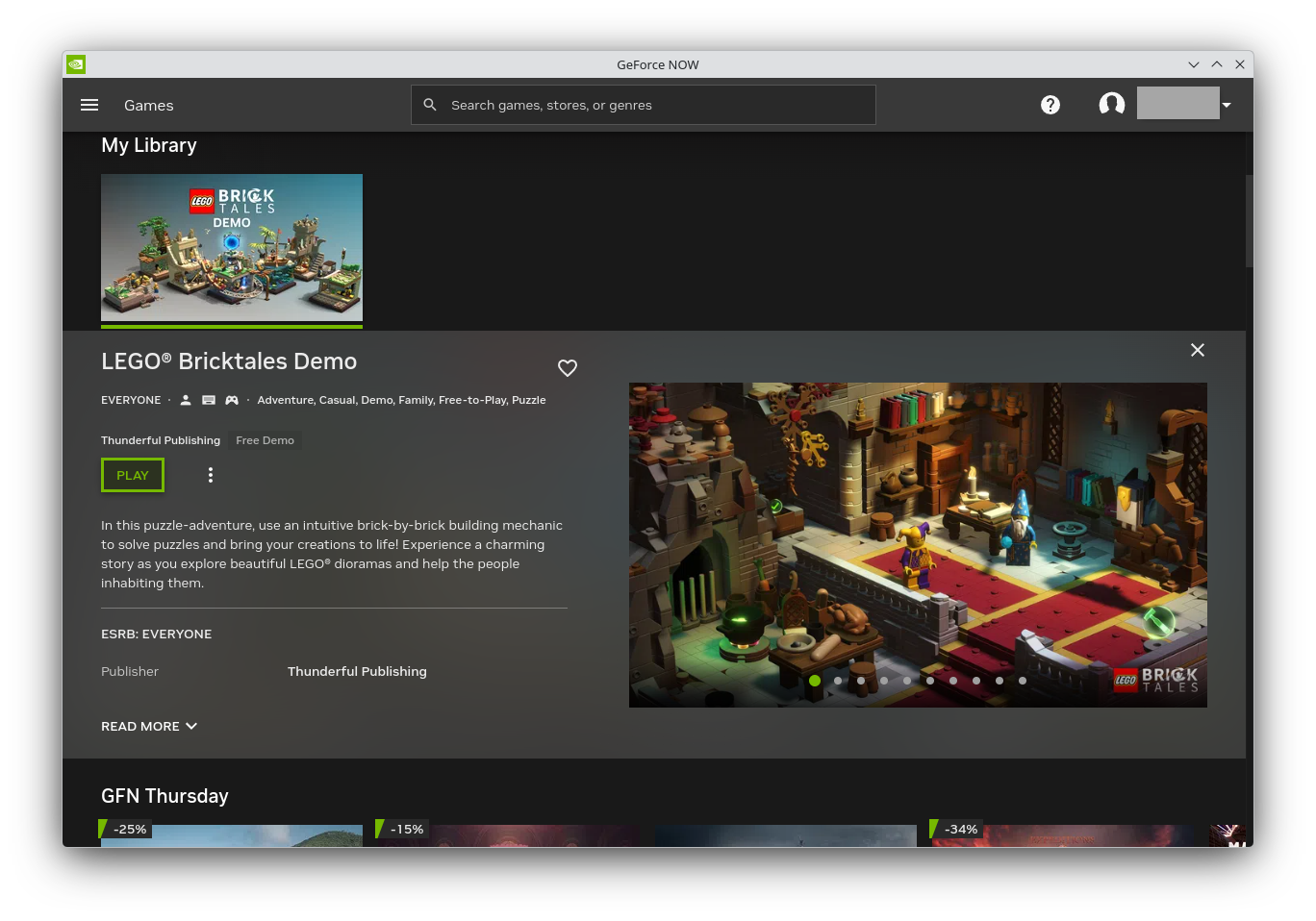 The Geforce NOW application in a KDE window with details about the LEGO Bricktales demo in view.