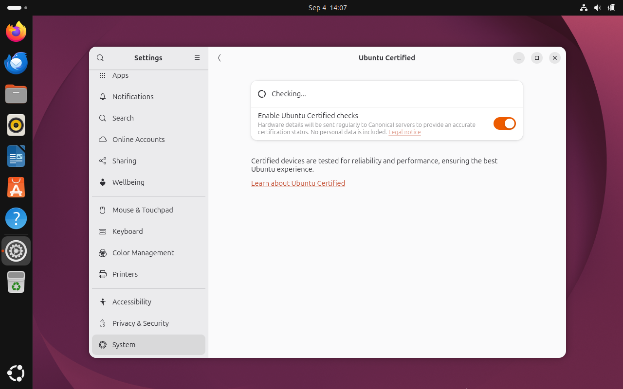 An Ubuntu desktop with the Settings menu open showing an "Ubuntu Certified" check in 