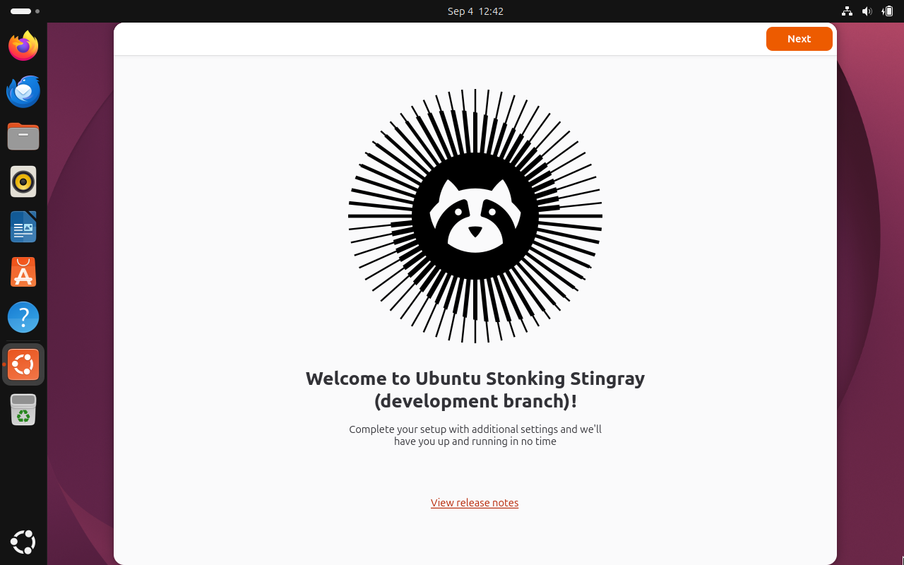 An Ubuntu desktop with an installer wizard open, showing the words "Welcome to Ubuntu Stonking Stingray (development branch)!" underneath the Ubuntu 26.04 "Resolute Raccoon" logo.