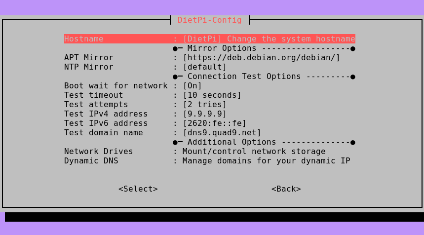 The DietPi-Config terminal user interface showing the miscellaneous network options, with the hostname settings at the top.