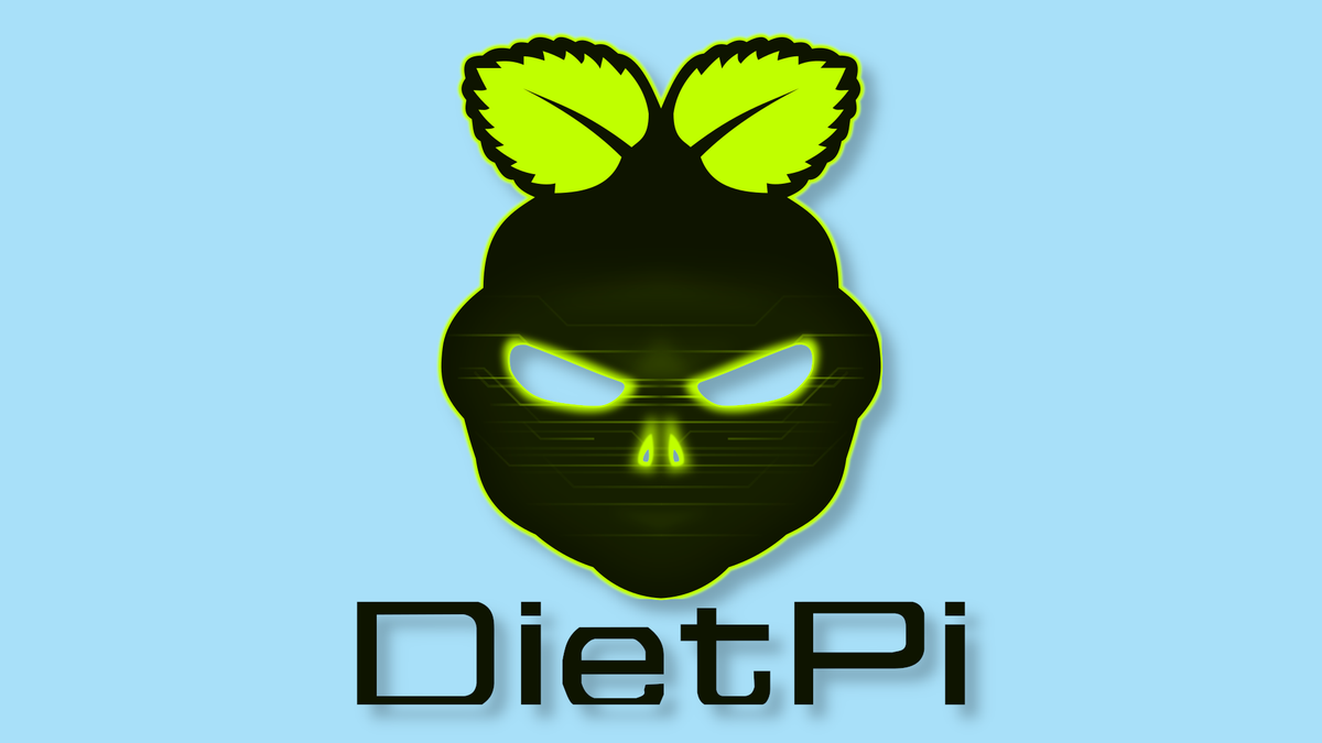 The DietPi logo, featuring a green and black raspberry shape with a skull-like face, over a blue background.