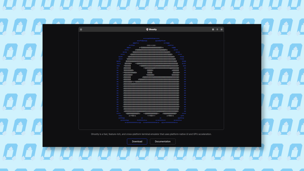 The Ghostty website framed inside a blue pattern of Tux characters.