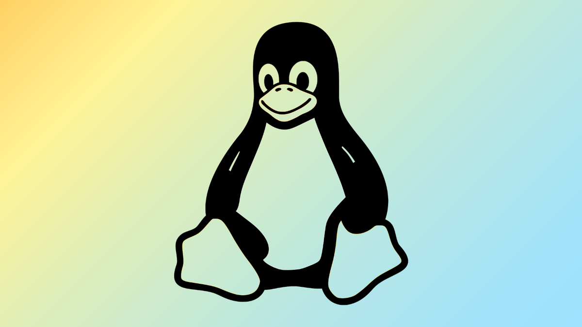 A monochrome rendition of the Linux Tux mascot on a gradient of yellow-to-blue at a diagonal angle.