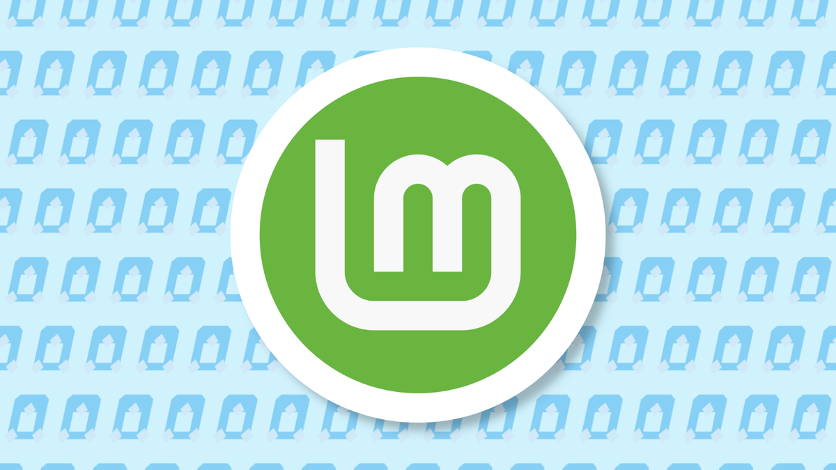 The Linux Mint logo on top of a blue repeating pattern of Tux characters.