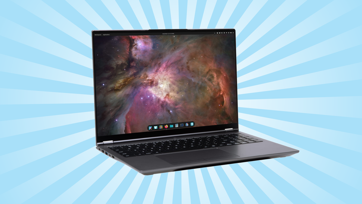 The System76 Pangolin Pro laptop on a blue sunshine pattern background. The laptop shows the COSMIC desktop environment.