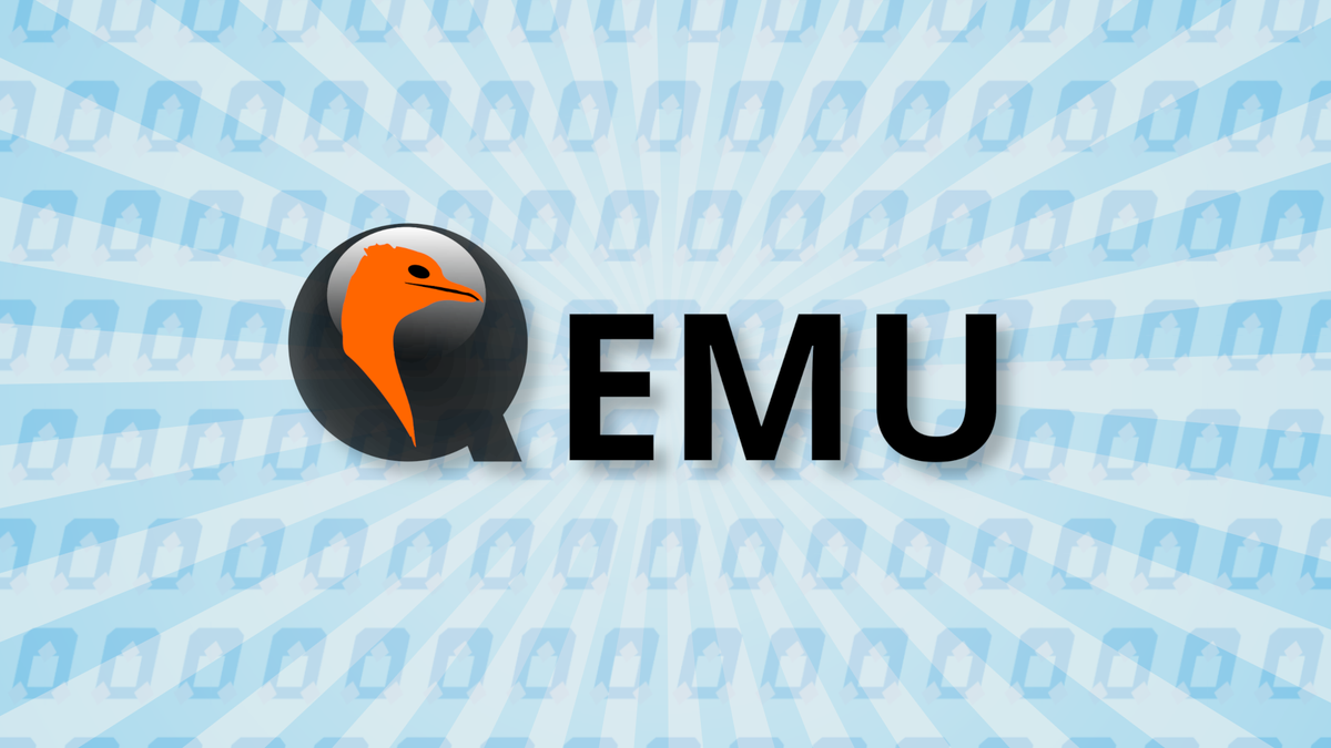 The QEMU logo over a blue patterned background of Tux penguins and sun rays.