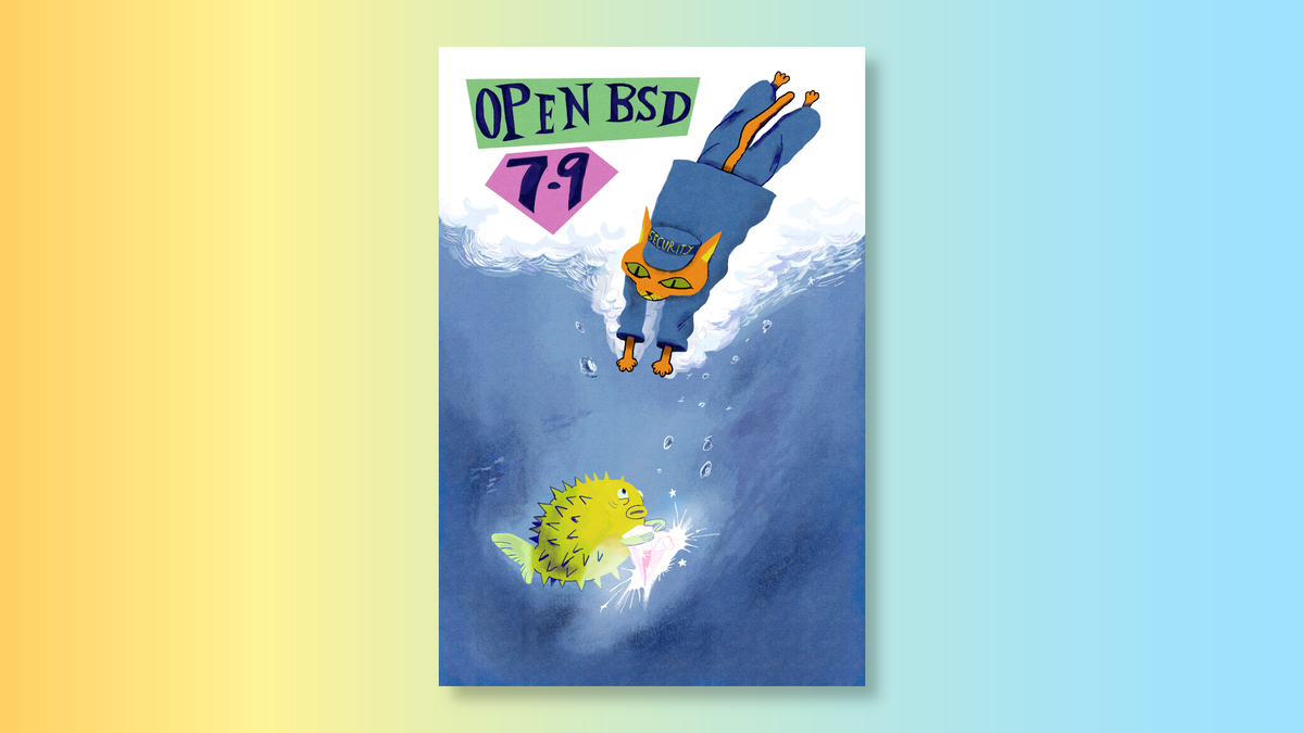 The OpenBSD 7.9 release poster featuring an orange cat wearing a security uniform diving into water where a yellow puffer fish swims holding a shiny gem.