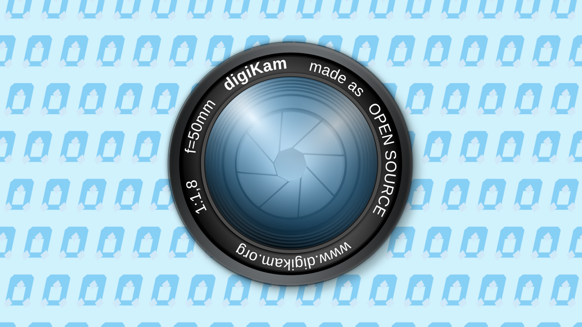 The digiKam app icon that reads inside a camera's shutter "1:1,8 f=50mm digiKam made as OPEN SOURCE www.digikam.org", over a blue penguin pattern.