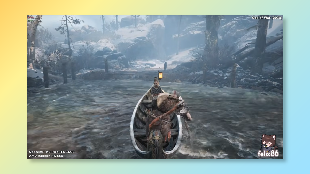 A screenshot of the game God of War (2018) with a gradient border, showing characters in a boat approaching a dock, with the felix86 logo in the bottom-right corner of the screenshot.