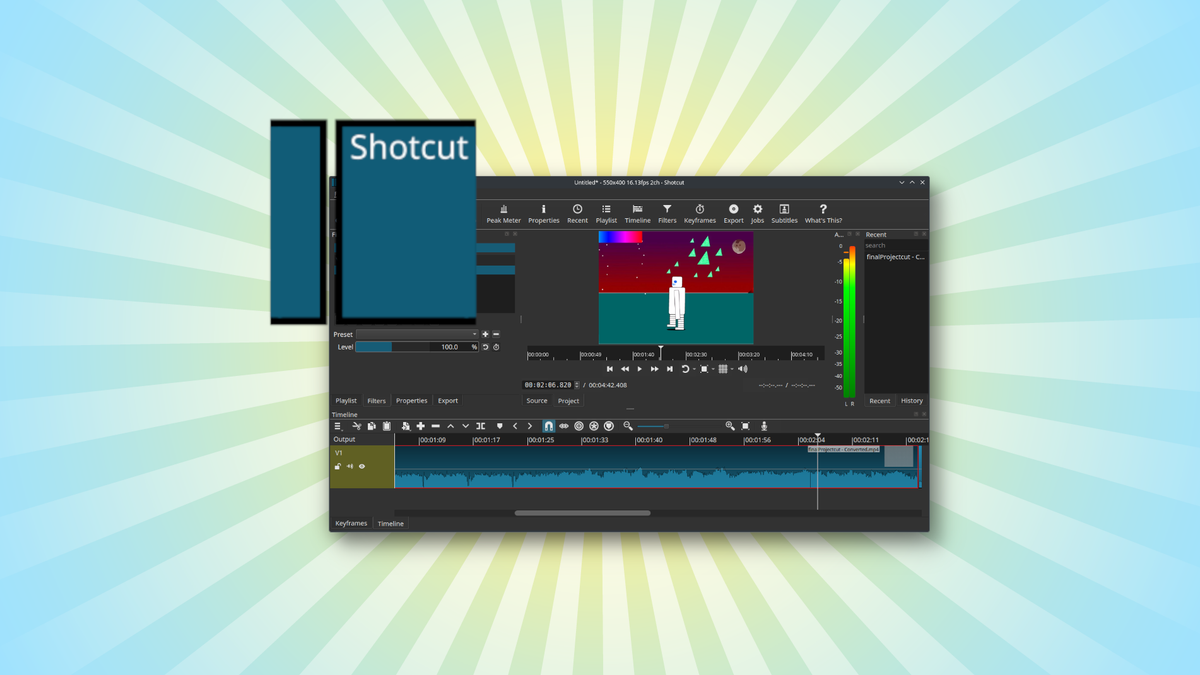 The Shotcut logo and window on a blue and yellow gradient shunshine pattern.