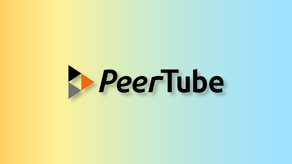 The PeerTube logo and name, over a yellow-to-blue gradient pattern.