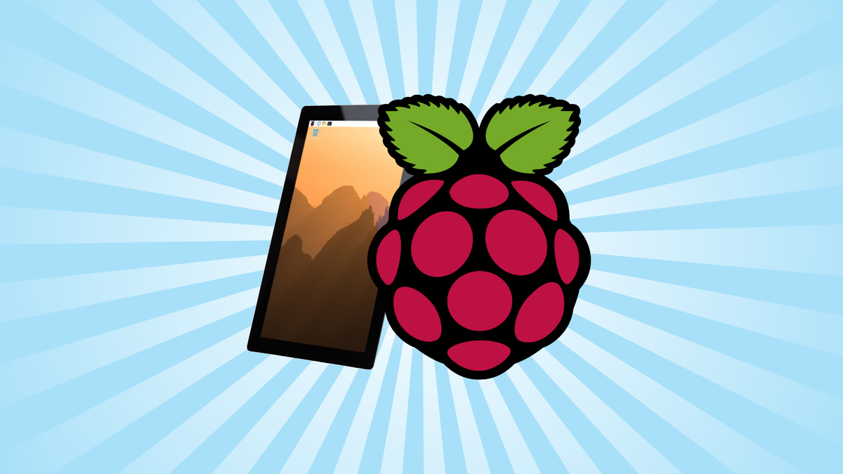The Raspberry Pi logo with the 10-inch Raspberry Pi Display Touch 2 10-inch display, over a blue sunray gradient pattern.