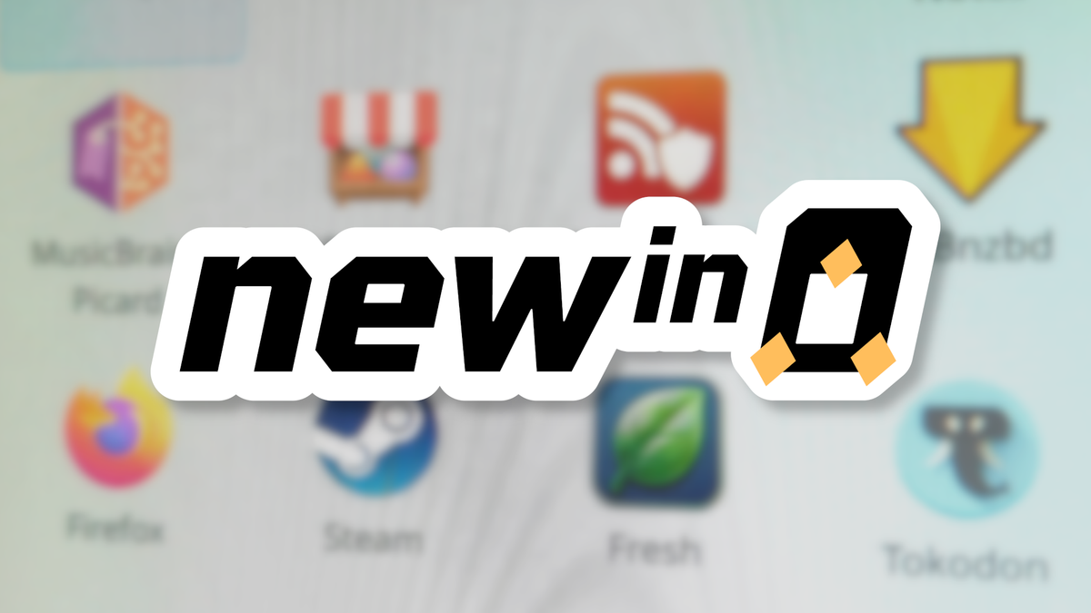 The New In Linux logo with a penguin in place of the word "Linux", over a blurry photo of a computer screen showing a grid of app icons.