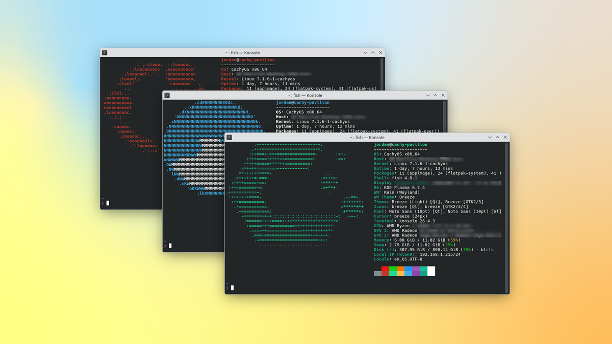 Three Konsole terminal emulator windows, each showing a Fastfetch text output with a different operating system logo for each.