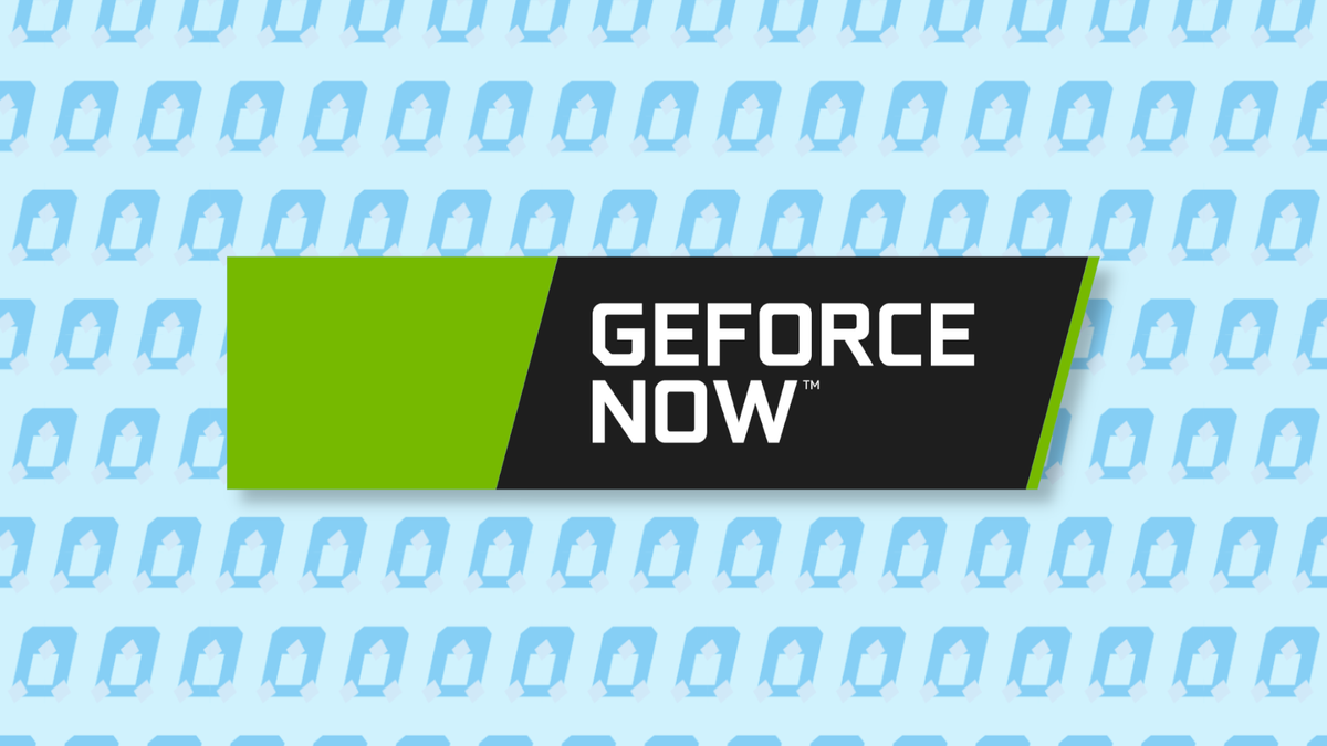 The Geforce NOW logo on top of a blue-shaded repeated pattern of penguins