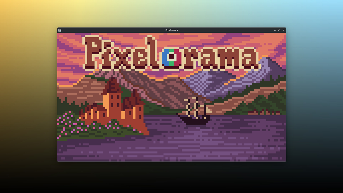 The Pixelorama splash screen window, which shows pixel style artwork of a castle and ship floating on a body of water in front of a mountain range under the "Pixelorama" name.