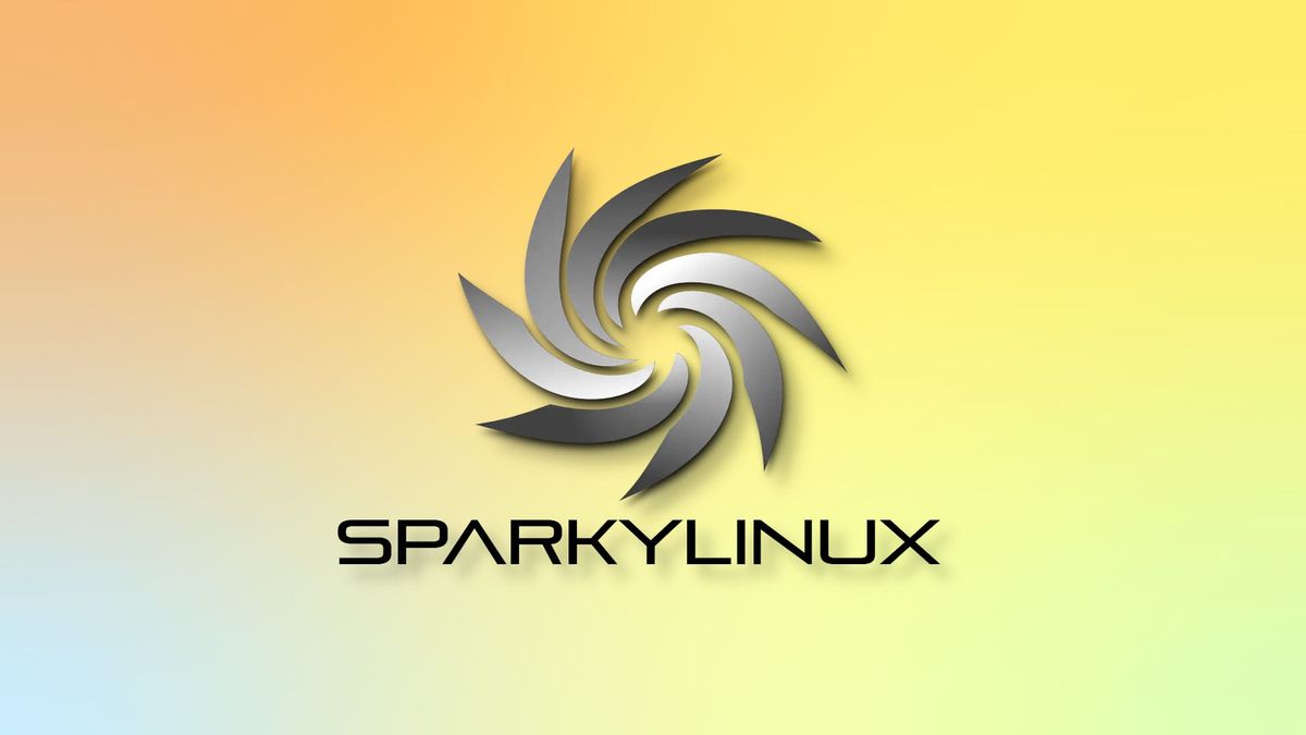 The SparkyLinux logo on an orange, yellow, and blue gradient background.