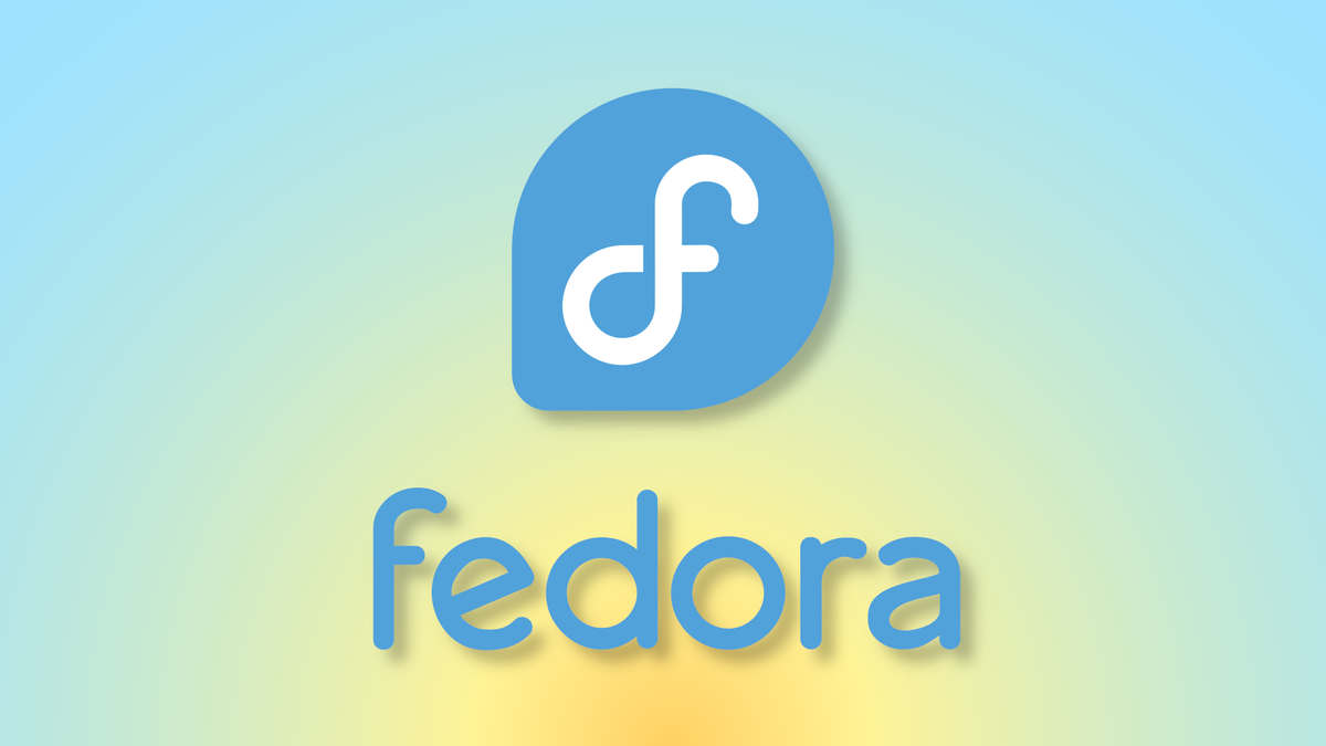 The Fedora logo on a yellow-to-blue sunrise background.
