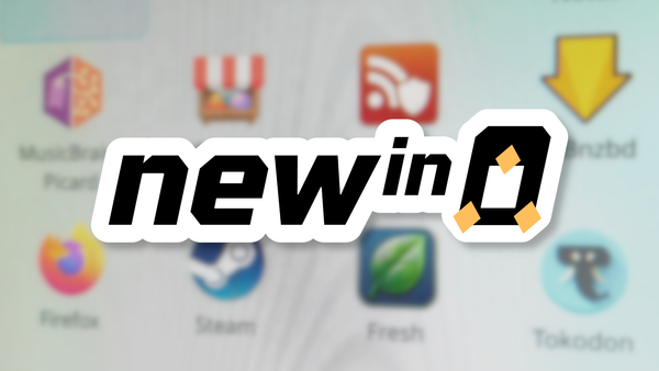 The New In Linux logo with Tux replacing the word Linux. The logo appears on top of a blurred menu of applications.