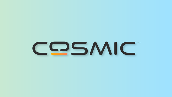 The COSMIC logo with an orange gradient accent underneath the "O", all over a gradient moving from pastel green to blue.