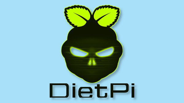 The DietPi logo, featuring a green and black raspberry shape with a skull-like face, over a blue background.