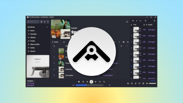 The Feishin logo, which features a record arm-styled pyramid shape, over a blurred screenshot of the application interface, all over a yellow-to-blue gradient background.