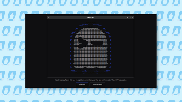 The Ghostty website framed inside a blue pattern of Tux characters.