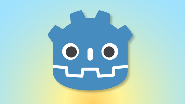The Godot mascot over a yellow-to-blue sunrise-style gradient pattern. 